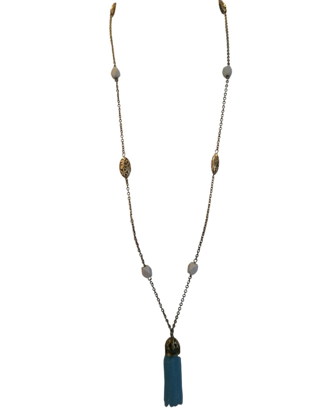 Long Fringe Necklace Silver/Blue